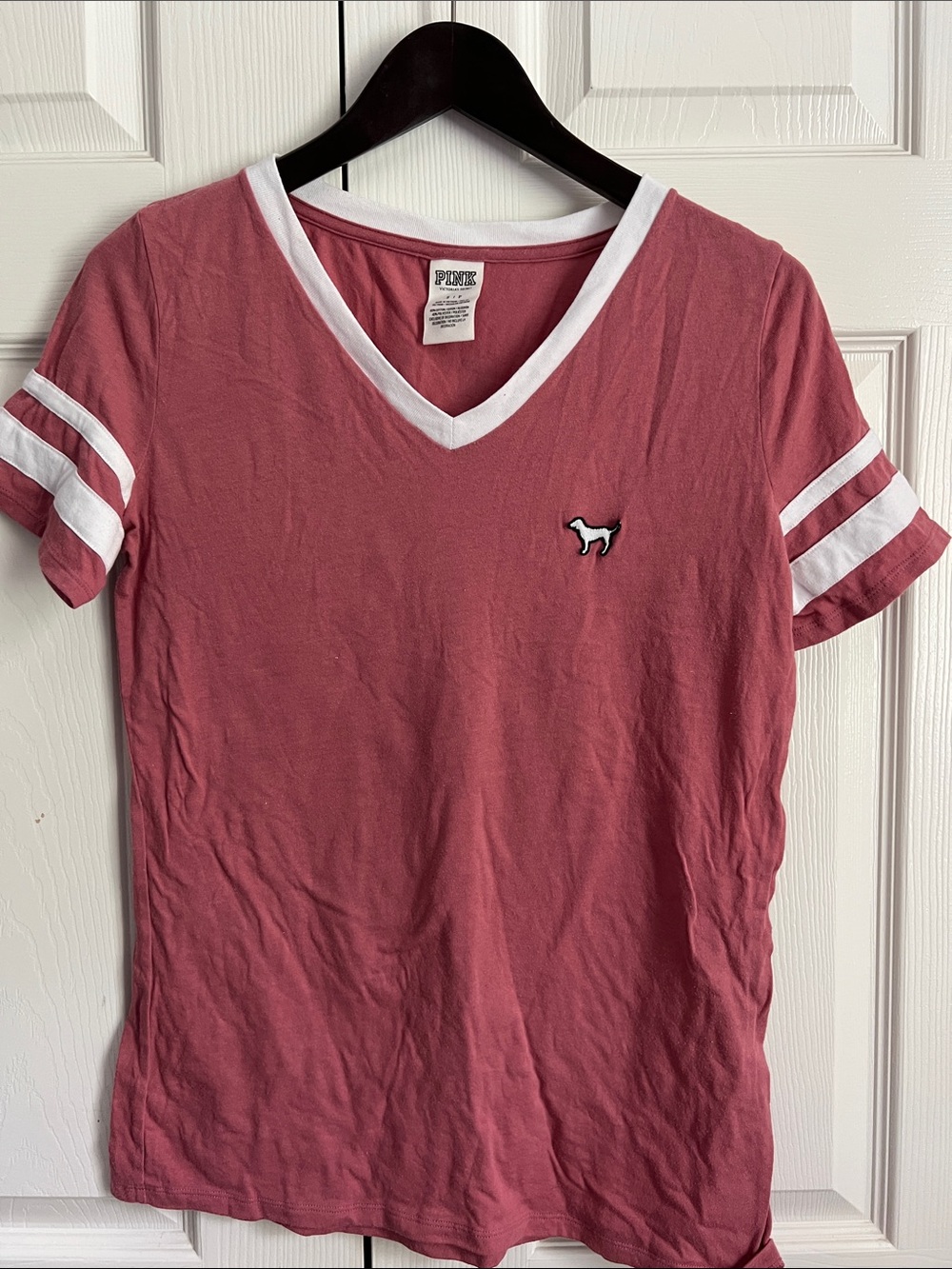 PINK Victoria's Secret Rose Pink V-Neck Short Sleeve Tee with White Trim